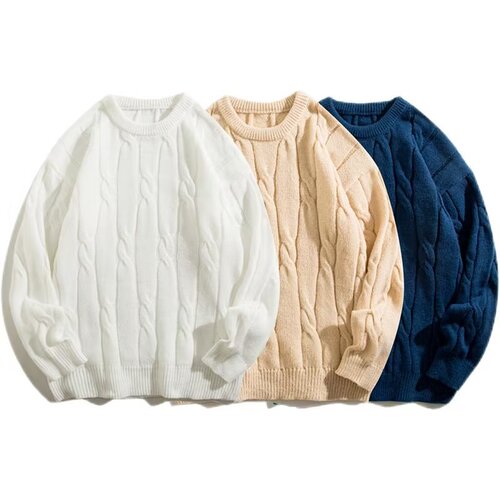 Autumn and Winter New Plus Size Solid Color Cable Knit Lounge Crew Neck Sweater Simple Loose Casual Top