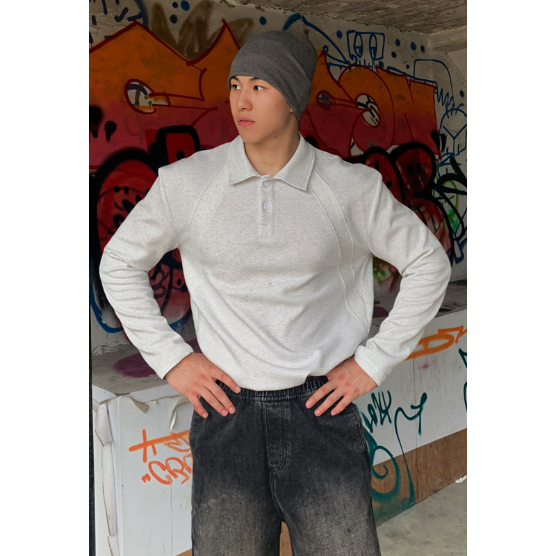 Polo/sweat-shirt en coton chinois à épaules droites, style américain, pour homme, printemps-automne, patchwork déstructuré._voghion.com