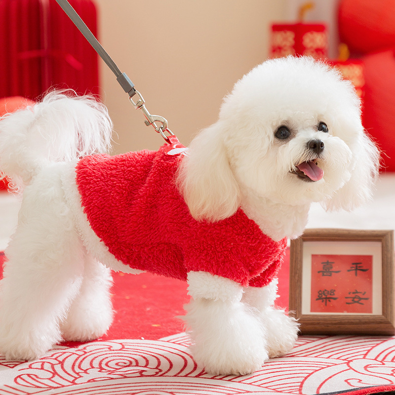 Año Nuevo rojo feliz Año Nuevo pegatinas de camisa de seda de dos patas perros pequeños que osos mascotas perros ropa de gato