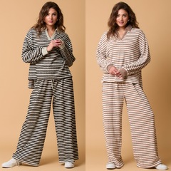 アマゾン秋冬新作欧米越境2色ストライプ長袖長ズボン2点セットファッションカジュアルスーツ女性