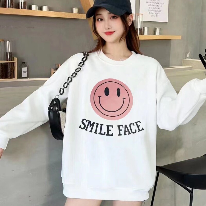 Cross-border New Smiley Print Long-sleeved Round Neck Sweater Women's Loose Casual plus size Cute Women's Top Ins Trendy