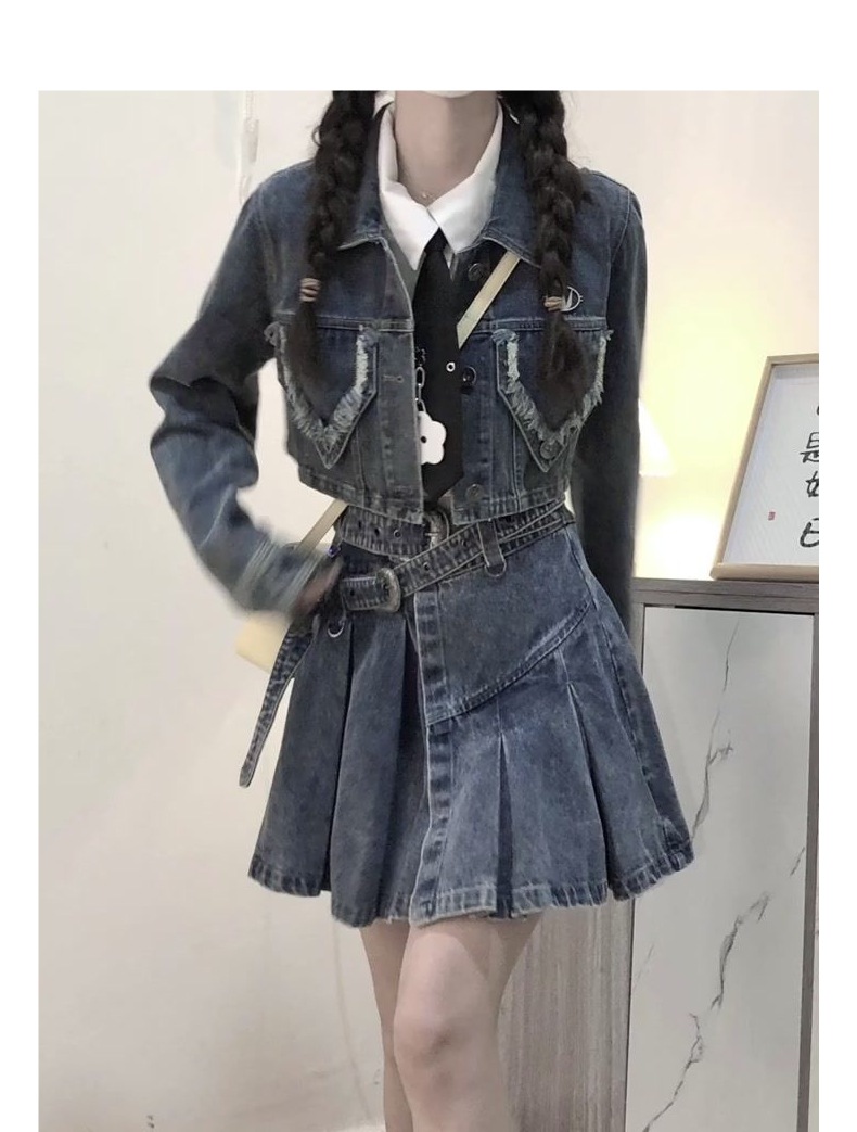 ChicShe Set da donna in stile retrò americano con giacca estiva e gonna in denim a vita alta_voghion.com