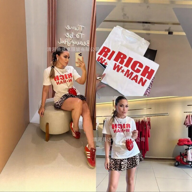 300g American retro letter-print heavyweight pure cotton short-sleeve T-shirt for women, loose fit, round neck, trendy ins style top 300g American retro letter-print heavyweight pure cotton short-sleeve T-shirt for women, loose fit, round neck, trendy ins style top