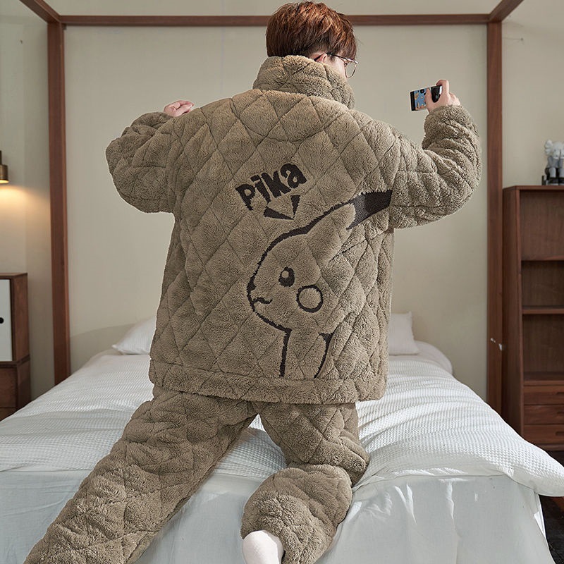 Pajamas for Men in Winter Thickeneded and Velvet Three-Layer Quilted Coral Velvet Warm and Wearable Flannel Home Wear Set