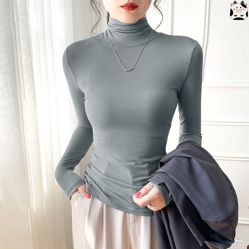 Iron Gray Slimming Look Modal High-Neck Bottoming Shirt for Women, Autumn and Winter 2026 New Pile Collar Top Long-Sleeved T-Shirt