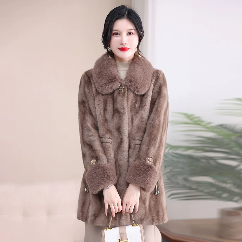 Која Яйин мам pretending to be autumn and winter imitation mink velvet coats, pure colors, loose warmth, compound artificial fur middle -aged and elderly women's clothing