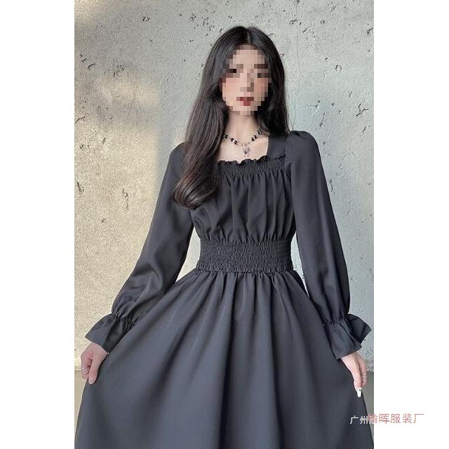Spring and Summer Dresses, Black Dresses, A-Line Dresses for Pear-Shaped Figures, Long-Sleeved Maxi Dresses, Hepburn-Style Little Black Dresses with Cinched Waist