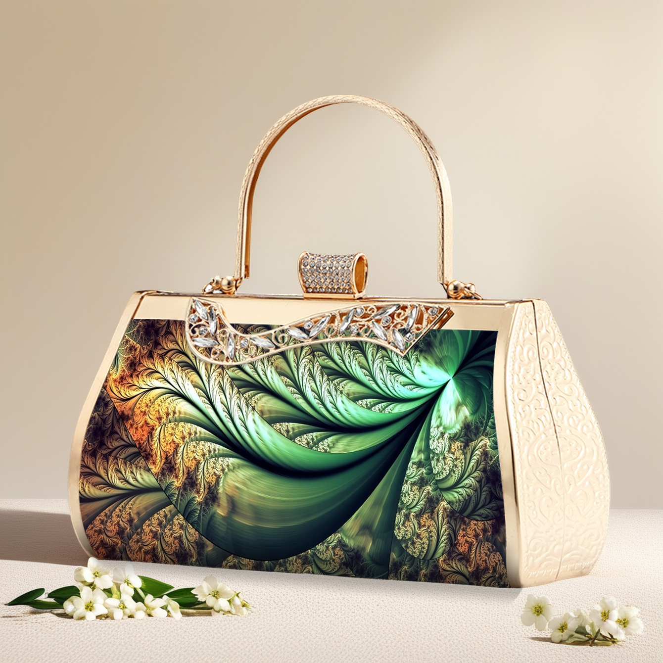 Elegante Abendtasche In Smaragdgrün Mit Blumenmuster Und Gold_voghion.com