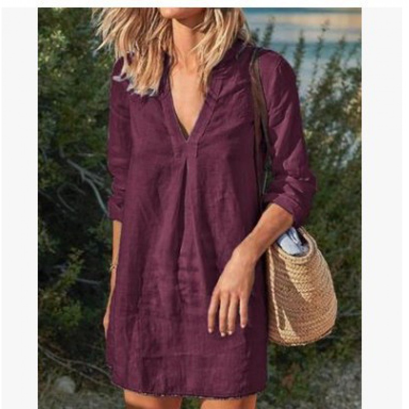 Vestido midi femenino de manga larga, cuello en V