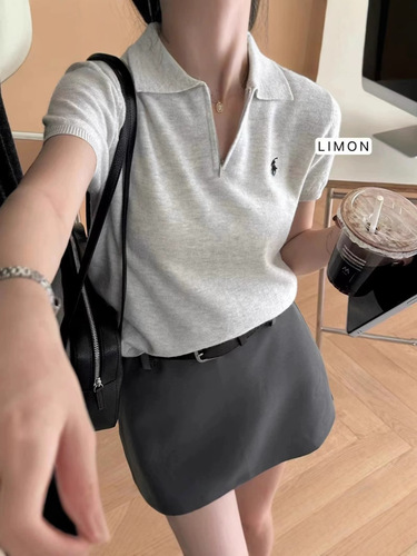 Core-spun yarn polo lapel short-sleeved T-shirt women's retro slimming shoulder half-zipper casual sweater horse label top