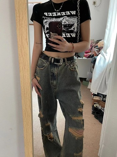  High-Waisted Distressed Denim Pants for Women, Loose Fit, Wide Leg, Inspired by Street Style and Chinese Trends—Perfect for Summer, Available via Drop Shipping