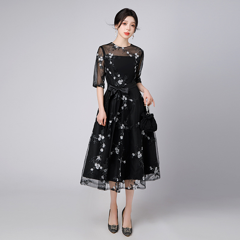 Vestido de noche de encaje 2026, nuevo diseño floral, longitud media, malla, cuello redondo, AliExpress, sitio independiente, vestido petite