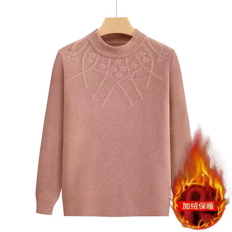 Трикотажный свитер от производителя для женщин среднего и старшего возраста, эластичный, на флисовой подкладке, с полувысоким воротником, для осени и зимы, базовая модель.