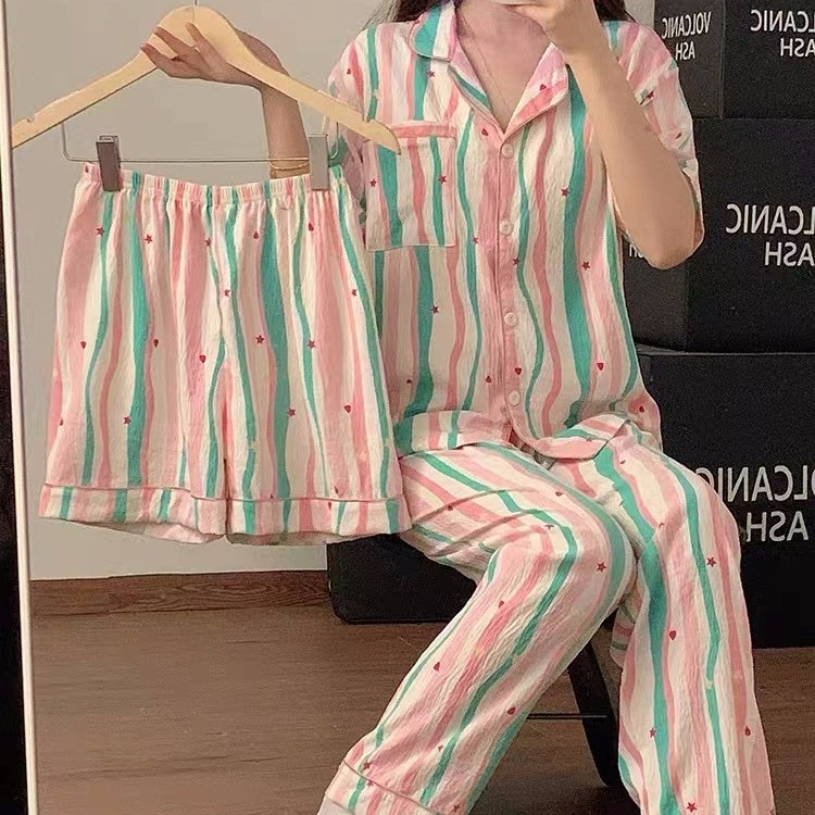 Verano nuevo pijama de algodón mujer dulce lindo ocio simple rayas se puede usar ropa de casa tres piezas conjunto al por mayor