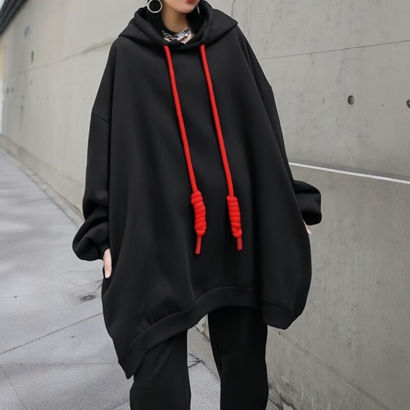In-Stock Cross-Border European and American Style Black Color-Blocked Drawstring Hooded Sweatshirt for Women, Loose Fit, Drop Shoulder, Casual Pullover Top In-Stock Cross-Border European and American Style Black Color-Blocked Drawstring Hooded Sweatshirt for Women, Loose Fit, Drop Shoulder, Casual Pullover Top