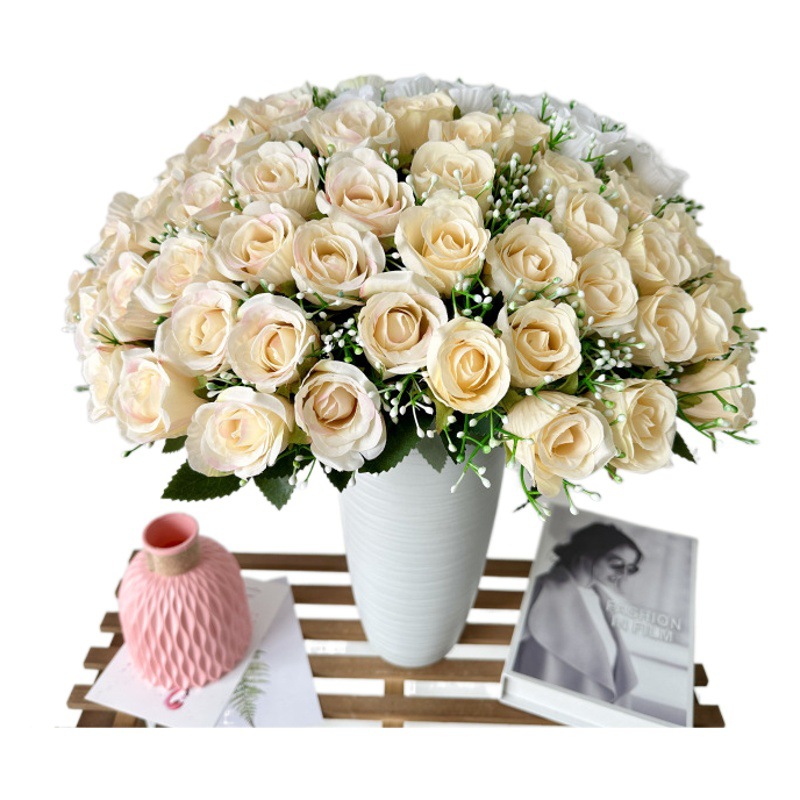 Novedades transfronterizas: ramos de 24 rosas de cabeza plana, flores artificiales hechas a mano, decoración del hogar, arreglos florales para bodas, estilo lujoso y ligero