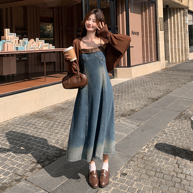 Korean Style Knitted Cardigan Denim Slip Skirt dress suit Women's Spring 2025 New Super Good-looking Two-piece Set