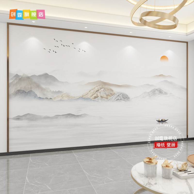千里江山图电视背景墙壁布客厅新款中式壁纸3d立体壁画影视墙|undefined