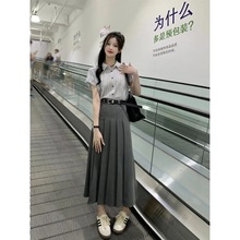 夏季高级感套装女百褶西装半身长裙2025年新款条纹衬衫两件套上衣