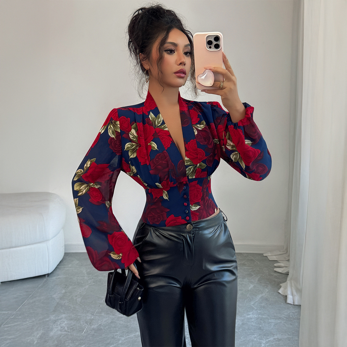 High Waisted Printed Vest Shirt Women's Elegant Style Casual Blouse For Spring/Autumn Summer Regular Fit Polyester_ecoleips.com