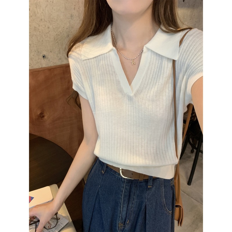 ホワイトポロカラーライトニットセーター半袖レディース夏テクスチャードショルダーボトムTシャツソフトワックスアイスシルクトップ|undefined