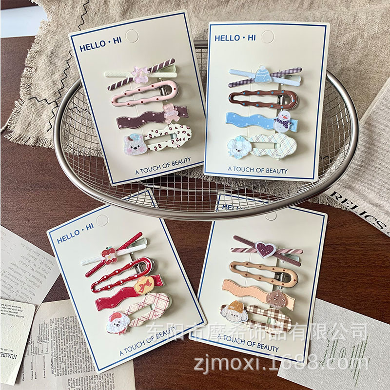New Cute Girly Polka Dot Plaid Puppy Hair Clip Set, High-Value Versatile Bangs Clip, Stylish Duckbill Clip