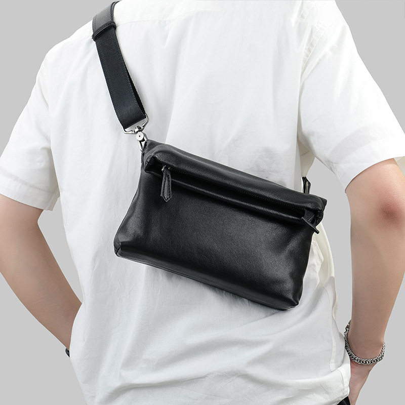 Túi đeo chéo nam da bò thật Malute mềm mại, kiêm túi clutch cầm tay, chống thấm nước — Màu đen chi tiết 14