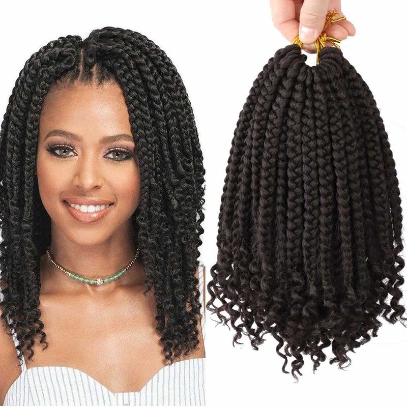 跨境非洲三股辫子尾卷化纤Box  Braids Curly Ends三股上编下缠管|undefined