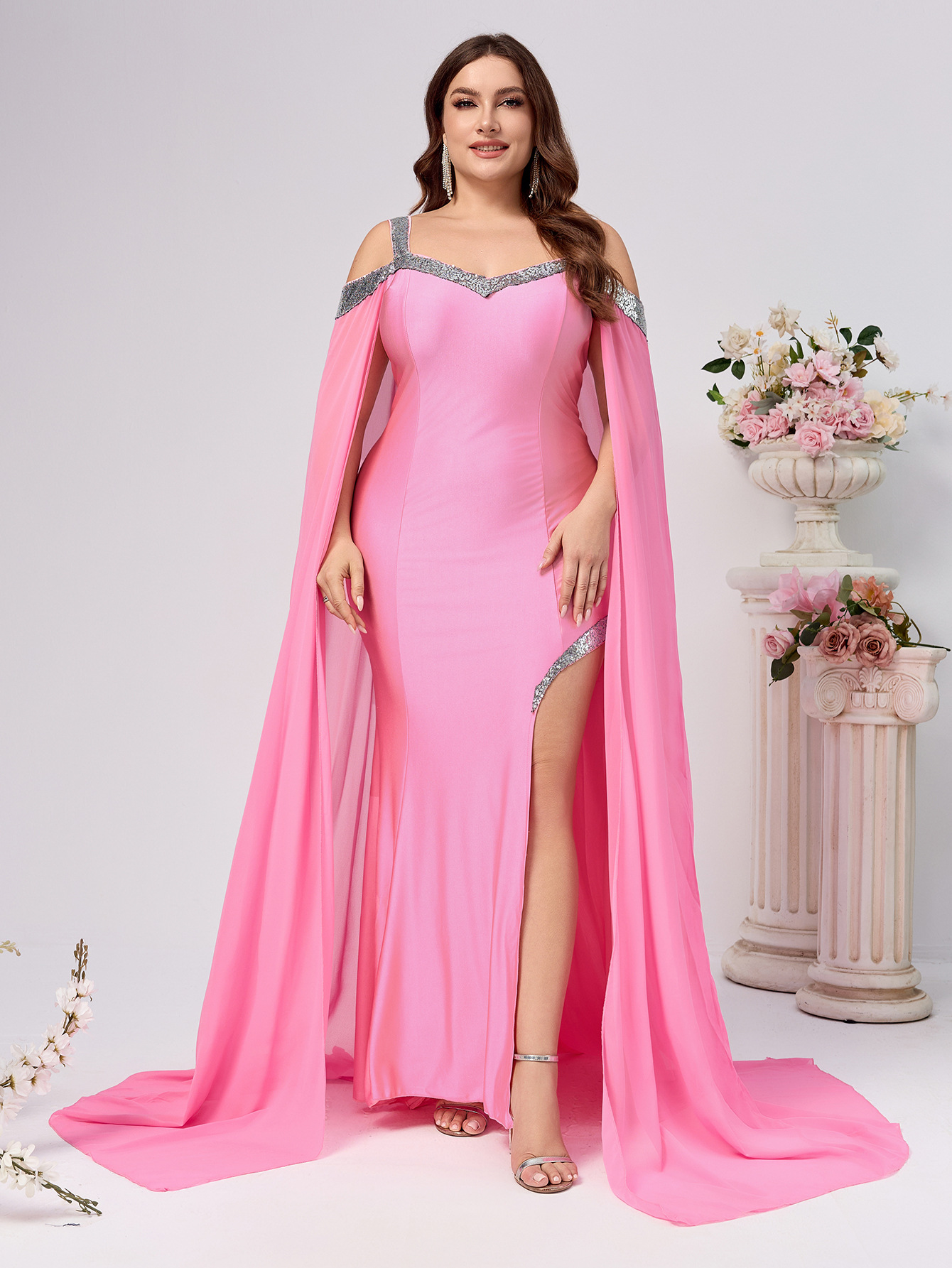 Vestido de talla grande Comercio exterior Europa y América Nuevo Amazon Nuevo producto honda lentejuelas Vestido de cola de color sólido