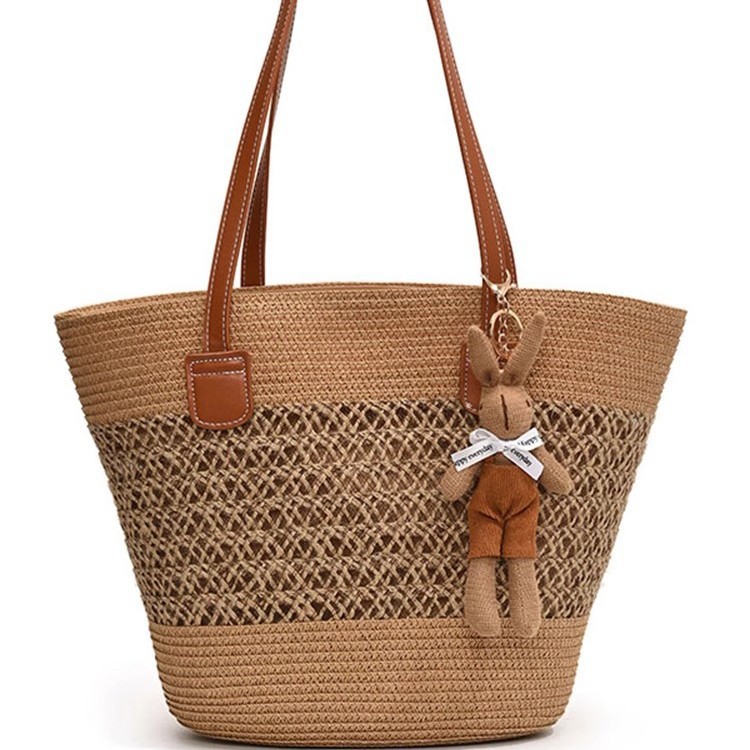 Summer Trendy Vacation Style Woven Straw Basket Bag For Women - Fashionable Versatile Shoulder Bucket Bag For Beach & Commuting - Thumbnail 5