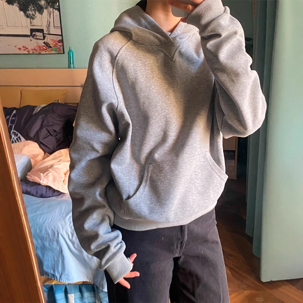 Gray Short Sweatshirt for Women Autumn and Winter 2025 New Style Fleece-Lined and Thickeneded Slimming Look Right Shoulder Hooded Short Style Slim Fit Inner Wear