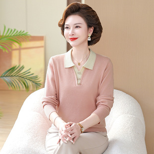 Mother's Spring Top Western Style Middle-aged Women's Lapel Base Shirt Middle-aged and Old Autumn and Winter Long-sleeved T-shirt