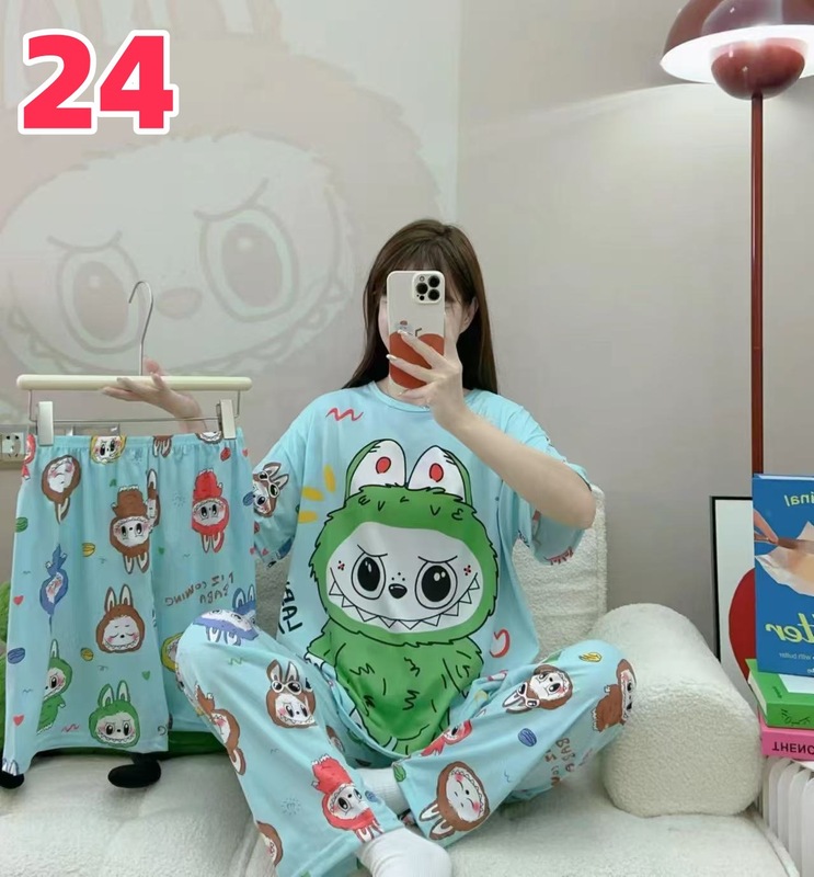 睡衣女夏季新款卡通三件套可爱简约休闲圆领家居服套装可外穿|undefined