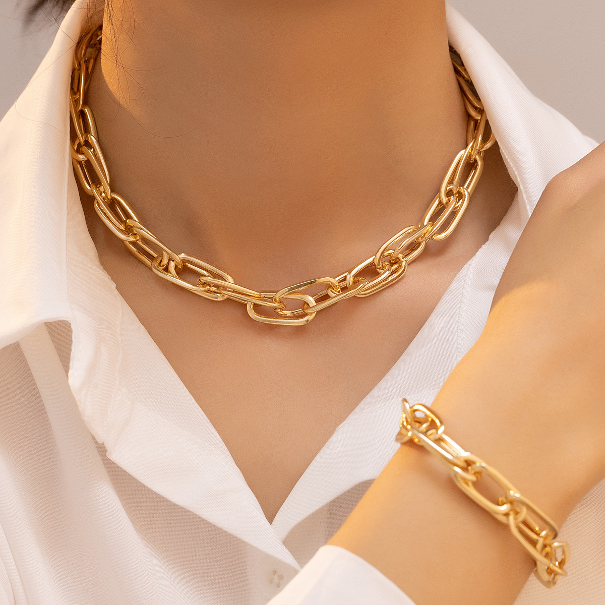European and American Cross-border Fashion Exaggerated Thick Chain Necklace Bracelet Fashion Streetwear Hip-Hop Jewelry Set Wholesale