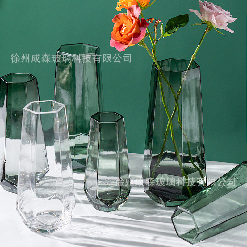 批发高端六边玻璃花瓶大号水养花瓶现代北欧ins居家简约装饰ins风