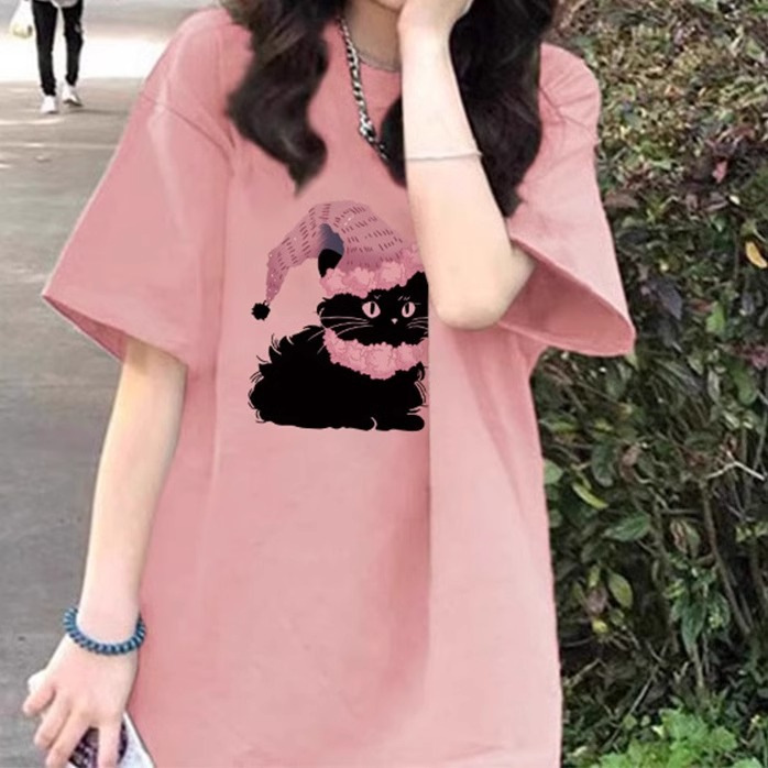Chubby plus size Pink Cotton Short-sleeved T-shirt Women's Summer Loose plus size Fashion Half-sleeved Printed Design Top Chubby plus size Pink Cotton Short-sleeved T-shirt Women's Summer Loose plus size Fashion Half-sleeved Printed Design Top