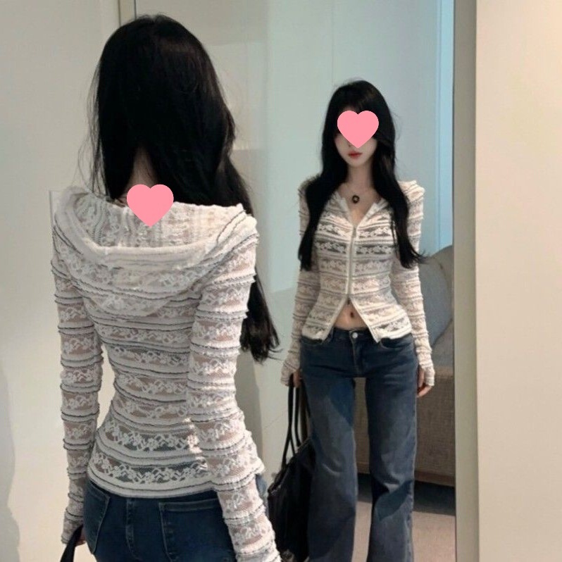 Three-Dimensional Stripesd Lace Crocheted Hooded Cardigan for Women Early Autumn New Style Fashionable Jacket Bell Sleeve Waist Top