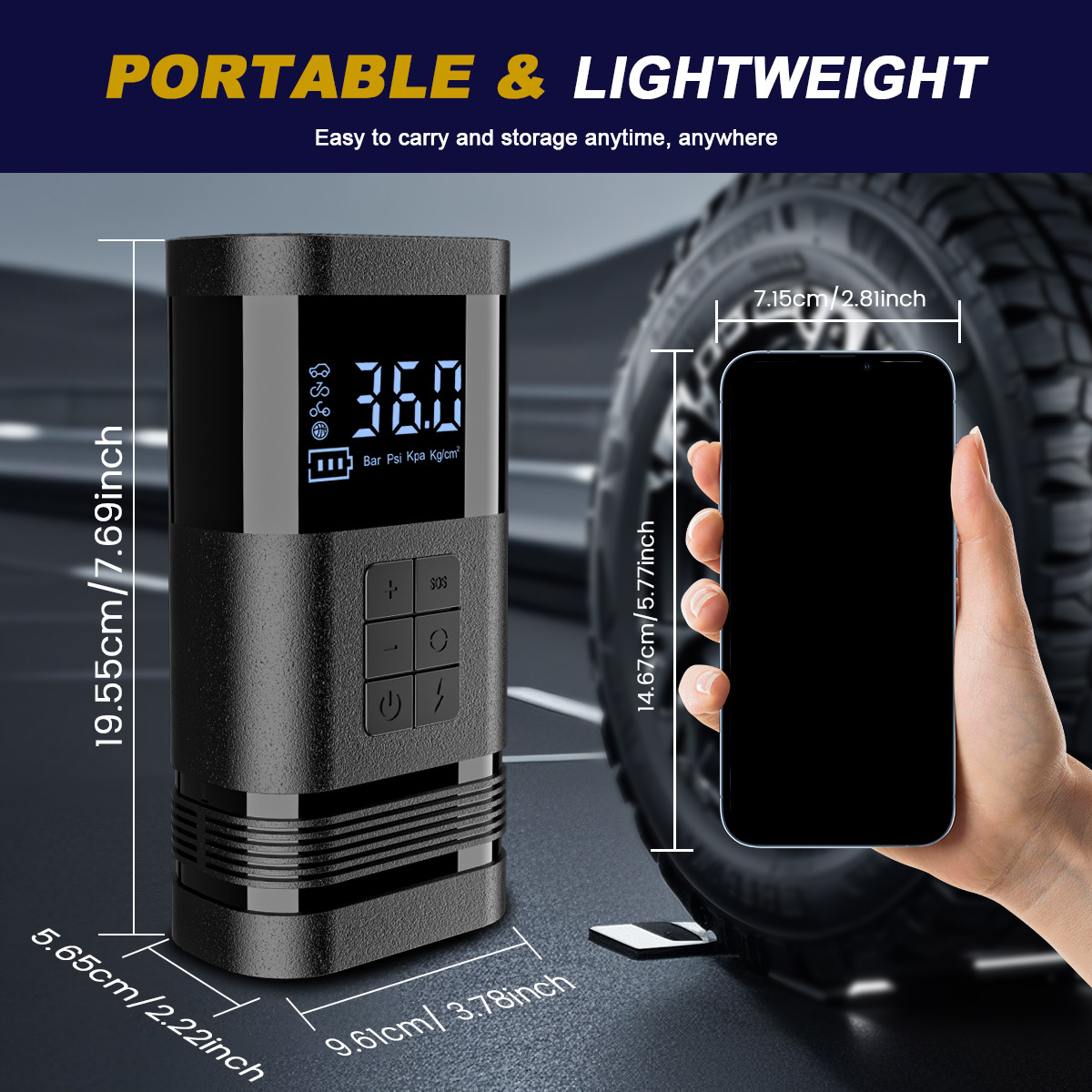 Wireless Car Air Compressor, Digital Display Automatic Charging and Shut-Off Tire Inflator, Portable Emergency Lighting Car Air Pump