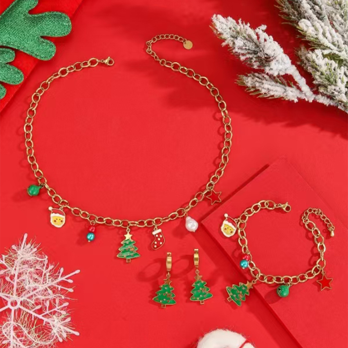 Collar de acero inoxidable de Navidad de la UE y los Estados Unidos, conjunto de joyas de dibujos animados, acero de titanio no se desvanece, joyas de venta caliente transfronterizas