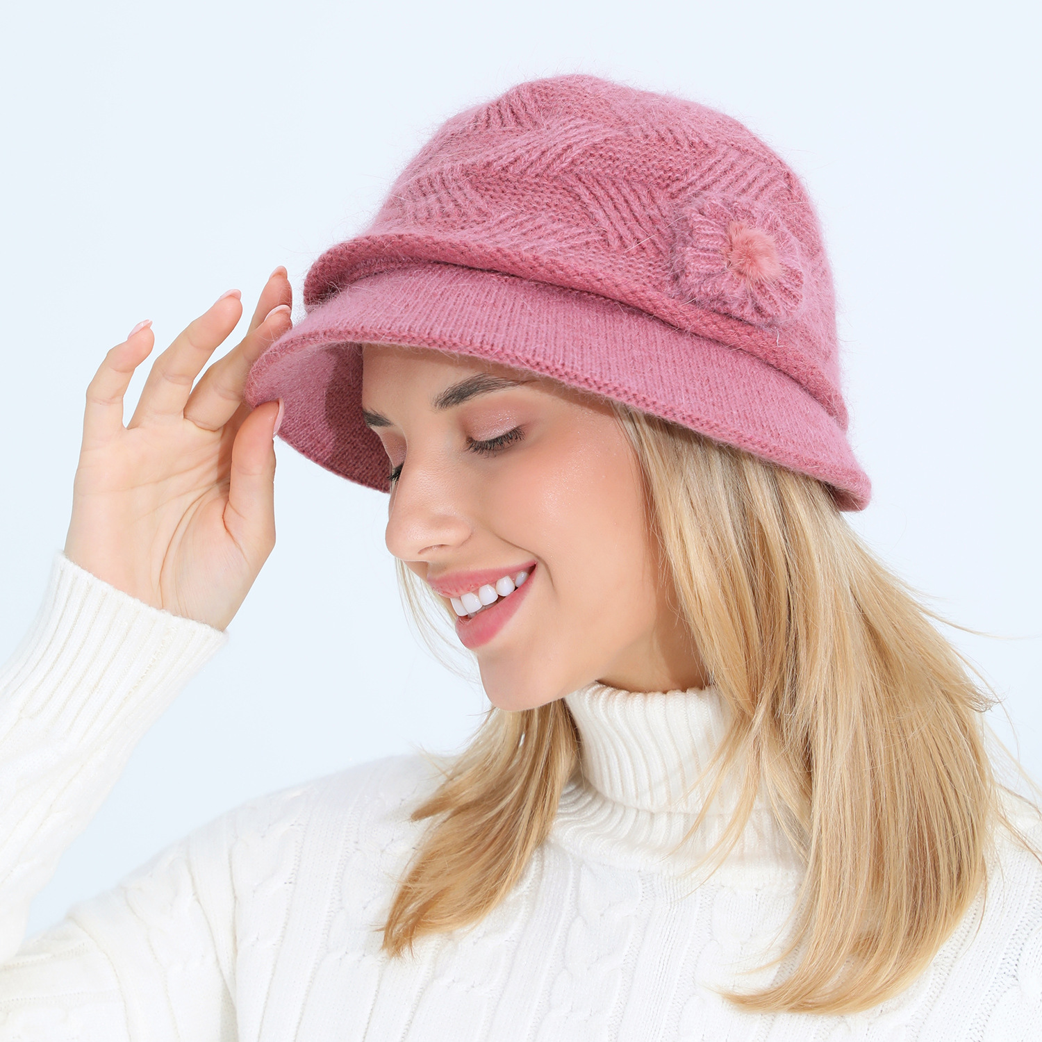 Gestrickte Damen Mütze Mit Kaninchenhaar Warm Für Den Winter_voghion.com