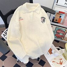 休闲长袖潮美式复古刺绣徽章polo领翻领毛衣青少年宽松型套头常规