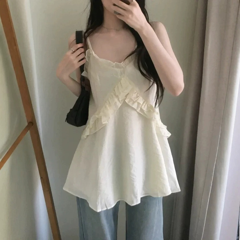 Korean-Style Ins 2026 Summer New Fashion Versatile Niche Double-Layer Lace Sheer Chiffon Strap Dress