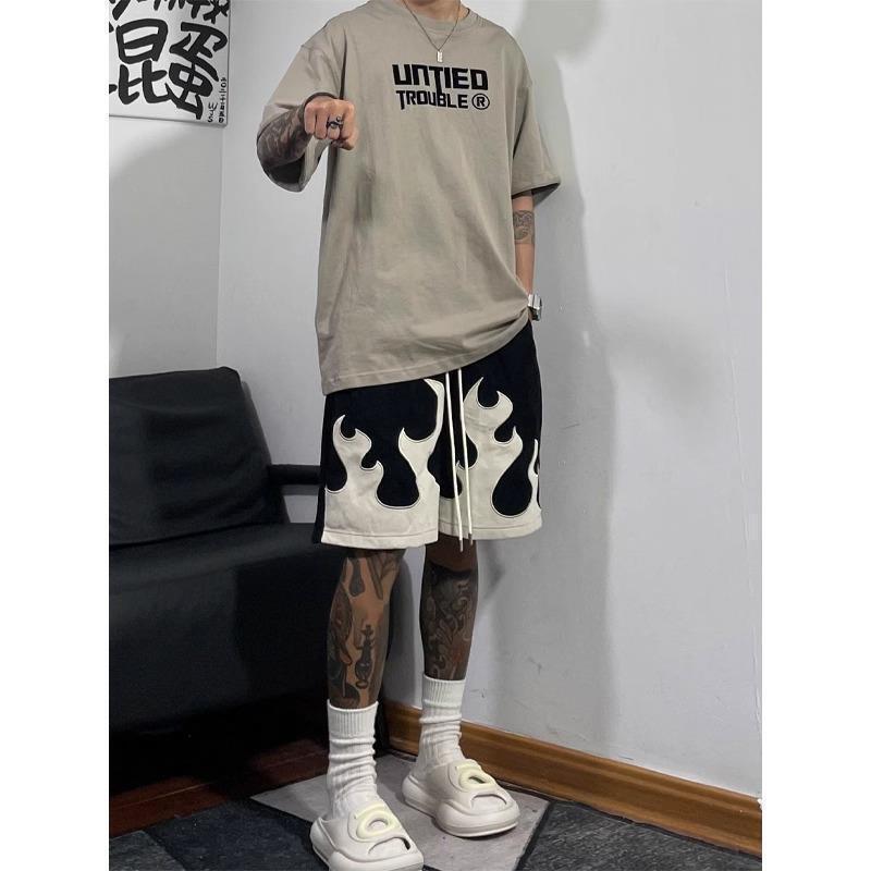 American retro flame printed shorts men's summer European and American fashion brand high street basketball sports pants design sense shorts