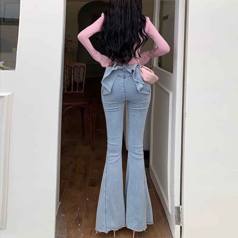 亦菲同款立体后腰3D蝴蝶牛仔裤女2025夏款浅蓝色高腰显瘦喇叭裤|undefined