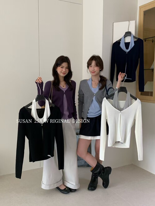 苏珊 2025早秋季韩系设计感套头款针织衫假两件慵懒风毛衣26625|undefined