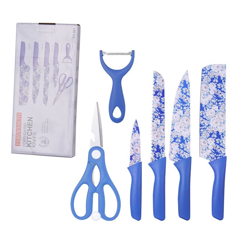 Cuchillos de acero inoxidable spot de venta transfronteriza seis piezas de cuchillos de cocina cuchillo de impresión de jazmín conjunto