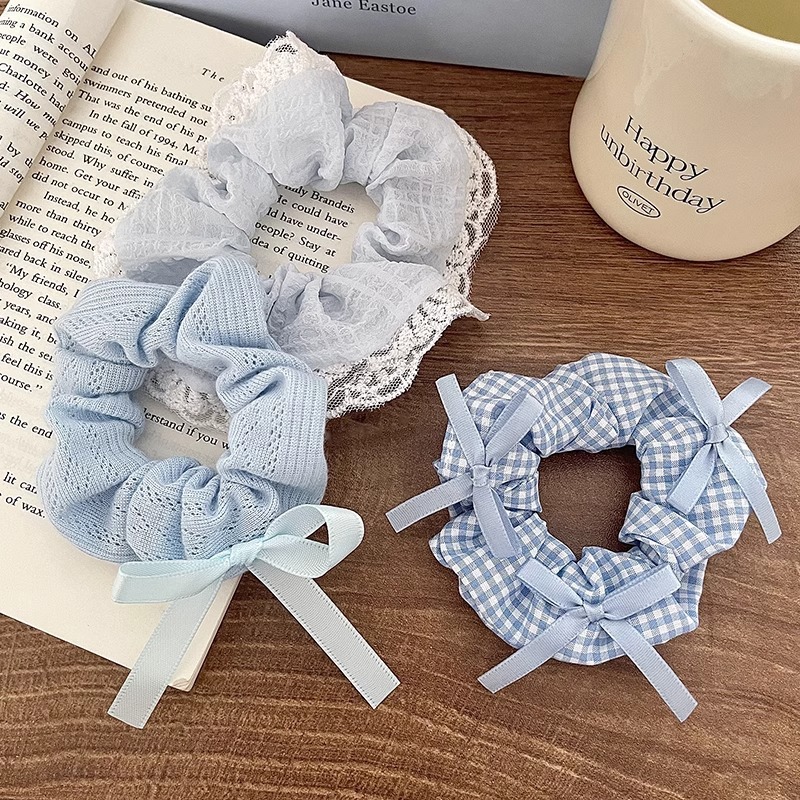 Azul pequeño arco fresco anillo de cabello intestino grueso encaje de encaje de cabello de cola de caballo de alto valor facial cuerda de cabeza de banda de goma