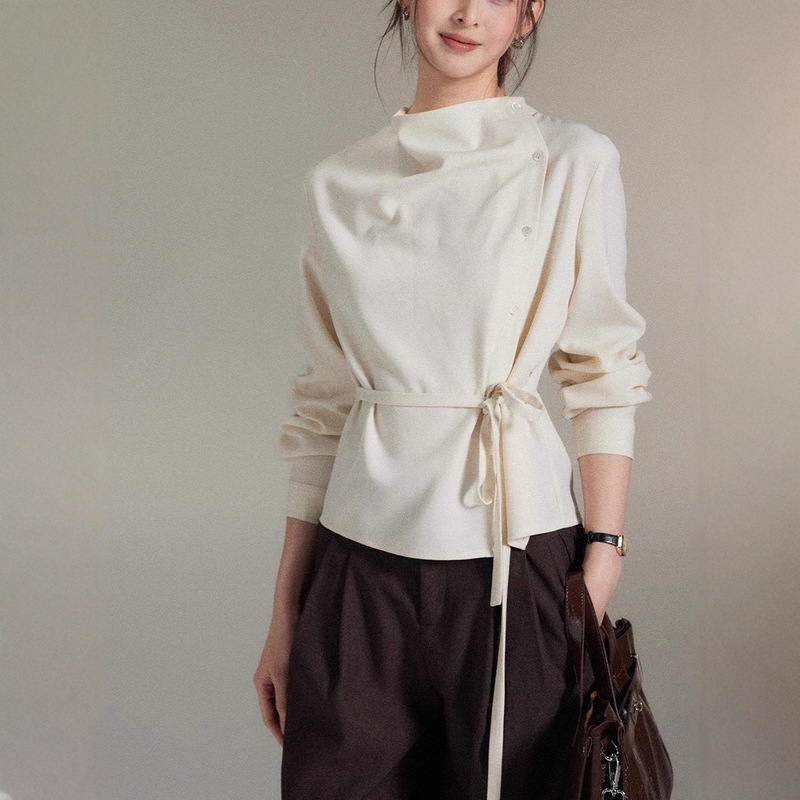Elegant Asymmetric Swing Collar Asymmetrical Placket Tie Waist Top Women's High-End Shirt by Er Yang Design [Shi Yi]
