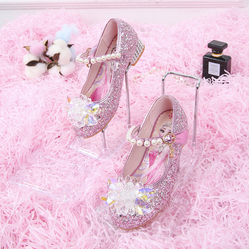 Girls' Leather Shoes  New Style Fashionable and Comfortable Princess Elsa High Heels for Primary and Secondary School Students Performance Children's Crystal Shoes