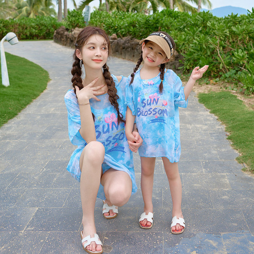 Mother's and Children's Swimwear Summer Beach Vacation One-piece Bikini Set with Hat and Sun Protection for Girls and Boys